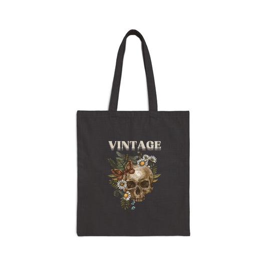 Vintage Skull Floral Cotton Canvas Tote Bag, Eco-Friendly Shopper, Boho Style, Gift for Halloween, Everyday Use, Beach Bag