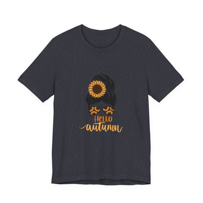 Hello Autumn Sunflower Unisex Tee, Fall Shirt, Graphic T-Shirt, Cute Autumn Apparel, Gift for Her, Seasonal Fashion