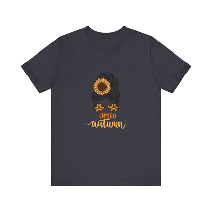 Hello Autumn Sunflower Unisex Tee, Fall Shirt, Graphic T-Shirt, Cute Autumn Apparel, Gift for Her, Seasonal Fashion