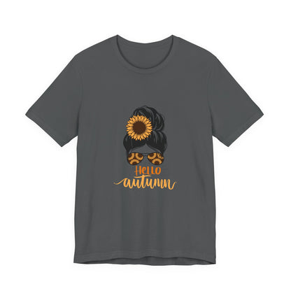 Hello Autumn Sunflower Unisex Tee, Fall Shirt, Graphic T-Shirt, Cute Autumn Apparel, Gift for Her, Seasonal Fashion