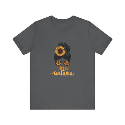 Hello Autumn Sunflower Unisex Tee, Fall Shirt, Graphic T-Shirt, Cute Autumn Apparel, Gift for Her, Seasonal Fashion
