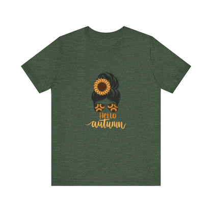 Hello Autumn Sunflower Unisex Tee, Fall Shirt, Graphic T-Shirt, Cute Autumn Apparel, Gift for Her, Seasonal Fashion