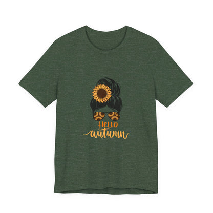 Hello Autumn Sunflower Unisex Tee, Fall Shirt, Graphic T-Shirt, Cute Autumn Apparel, Gift for Her, Seasonal Fashion
